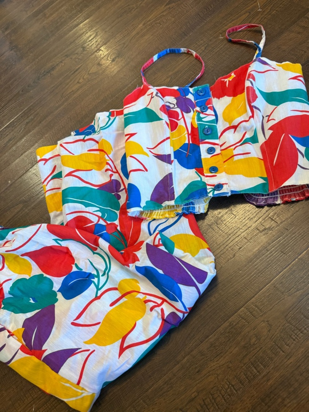 Vintage 80s 90s Tropical Matching Set Bright Floral Crop Top Pants Small